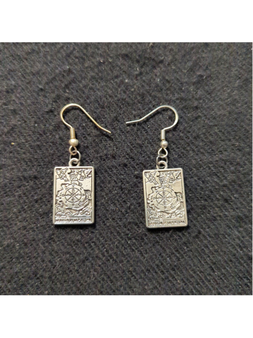 Silver Tone Wheel of Fortune Card Metal Dangle Statement Earrings